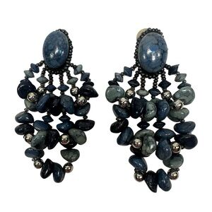 Vintage Blue Seed Bead Stone Clip On Drop Triple Dangle Earrings Jewelry